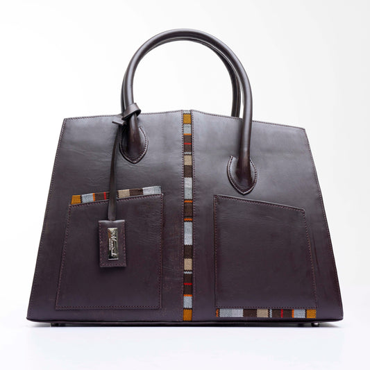 Brown leather handbag with decorative stitching on a white background. Made with Leather and Asooke